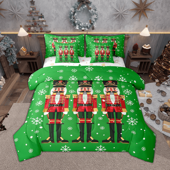 Manfei Cartoon Nutcracker Twin Bedding Sets 7 Pieces for Boys Girls, Merry Xmas Happy New Year Bedding Comforter Set, Blue Red Black Snowflake Sheet Sets, Ultra Soft Home Decor