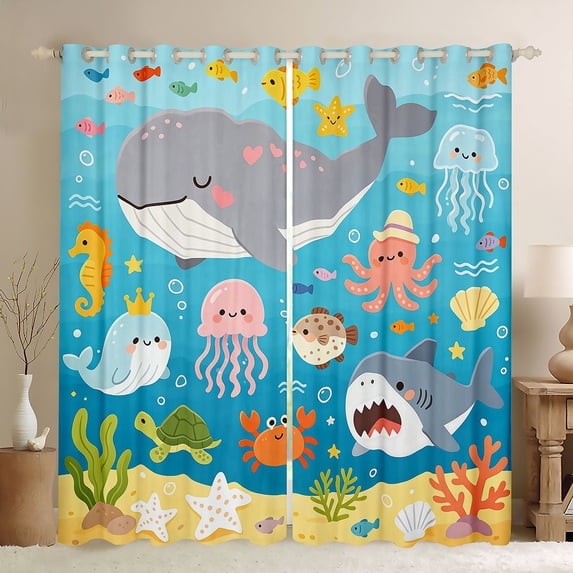 Manfei Cartoon Ocean Blackout Curtains, Kawaii Whale Shark Window Curtains Pack of 2 (38x45 Each), Bright Blue