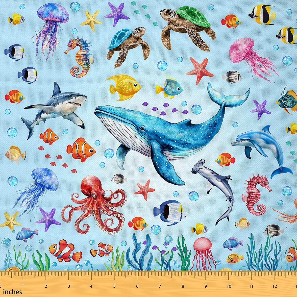 Manfei Cartoon Ocean Fish Fabric by the Yard (2 Yards), Whale Shark Dolphin Decorative Fabric by the Yard, Jellyfish Starfish Octupus DIY Fabric