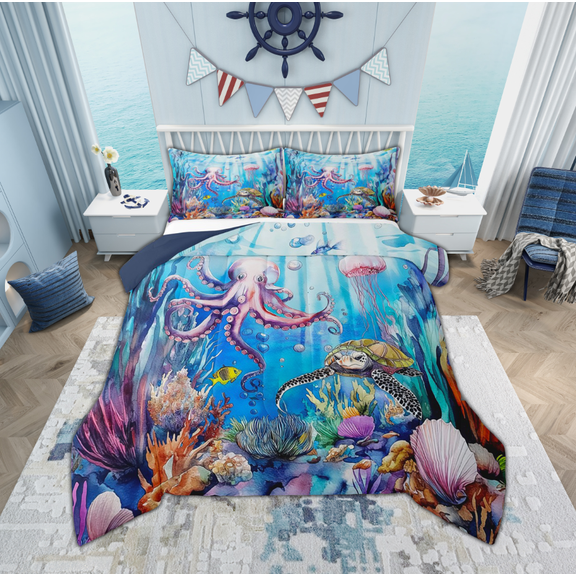 Manfei Cartoon Ocean Octopus Queen Comforter Set for Kids, Sea Turtle Jellyfish Bedding Sets, Kawaii Marine Sealife Reversible Bedding Comforter Set, Breathable Home Decor, 3-Piece