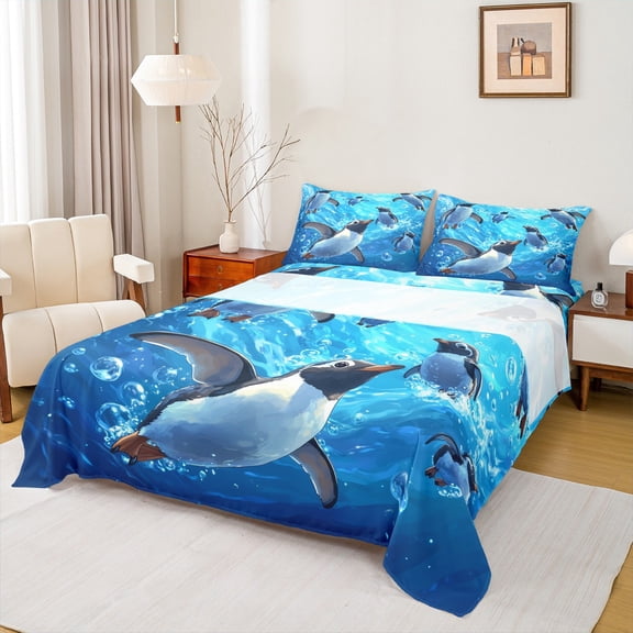 Manfei Cartoon Ocean Penguin Queen Sheet Sets, Underwater World Flat Sheet, Kawaii Wildlife Animal Queen Fitted Sheet, Breathable Home Decor, 4pcs