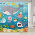 thumbnail image 1 of Manfei Cartoon Ocean Shower Curtain 72Wx72L, Kawaii Whale Shark Bathroom Curtain, Bright Blue, 1 of 5