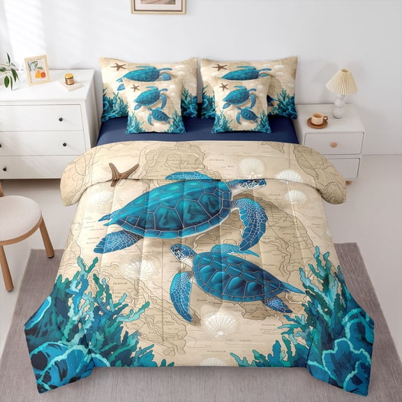 Manfei Cartoon Ocean Turtle 7-Piece Twin Bedding,Artistic Sand Bedding Comforter Set,Green,Nary Blue Reversible