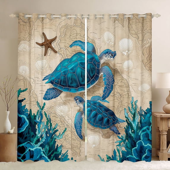Manfei Cartoon Ocean Turtle Kitchen Curtains,Artistic Sand Black Out Curtains Pack of 2 (42x63 Each),Green