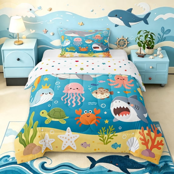 Manfei Cartoon Ocean Twin Comforter Sets, Kawaii Whale Shark Bedding Set, Bright Blue, Polkadot Reversible, 2-Piece, 1 Comforter and 1 Pillowcase