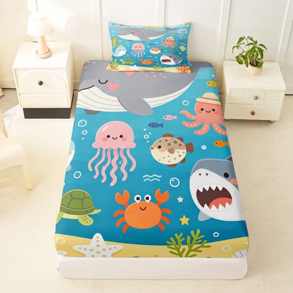 Manfei Cartoon Ocean Twin Fitted Sheet, Kawaii Whale Shark Bedding, Bright Blue, 2-Piece, 1 Fitted Sheet and 1 Pillowcase