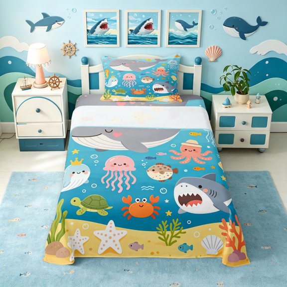 Manfei Cartoon Ocean Twin Sheets, Kawaii Whale Shark Bedding, Bright Blue, 3-Piece, 1 Flat Sheet, 1 Fitted Sheet and 1 Pillowcase