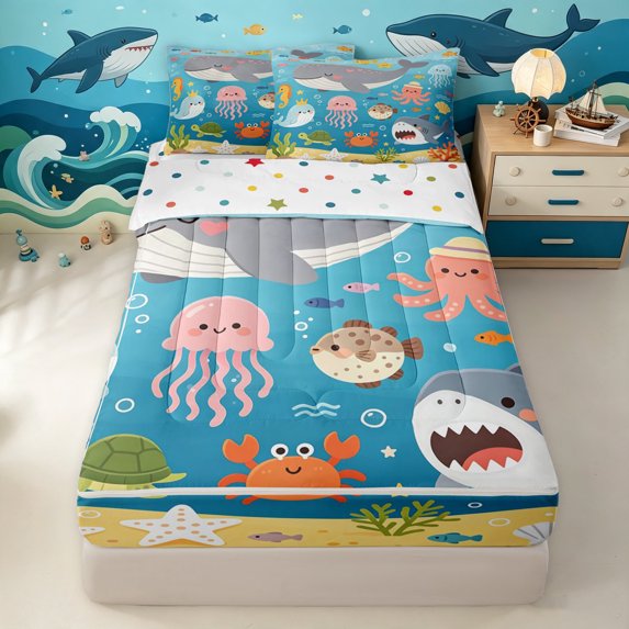 Manfei Cartoon Ocean Zipper Twin Comforter Sets with Fitted Sheet and 2 Pillowcases, Kawaii Whale Shark Zipper Bedding Set, Bright Blue, Polkadot Reversible, 4-Piece