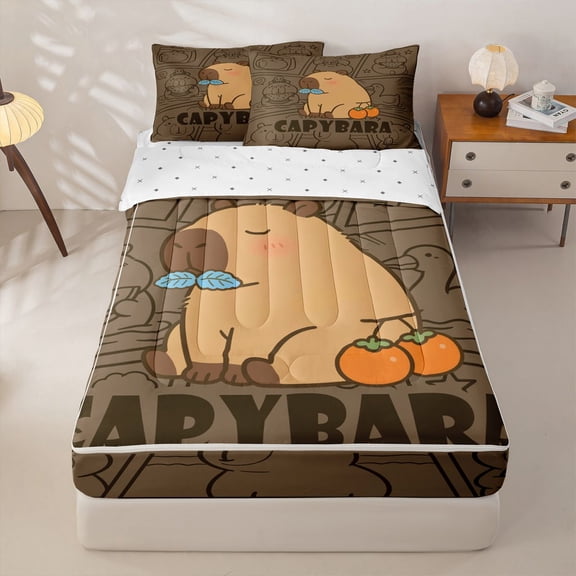 Manfei Cartoon Orange Fruit Print Zipper Twin Comforter Sets with Fitted Sheet and 2 Pillowcases,Kawaii Capybara Zipper Bedding Set,Brown,Reversible,4pcs