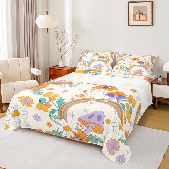 Manfei Cartoon Orange Mushroom Bed Sheets for Kids, Groovy Daisy Flower King Sheets, Rainbow Sheet Set, Lightweight Room Decor, 4 Pieces