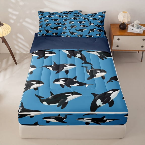 Manfei Cartoon Orca Zipper Full Size Comforter Sets with Fitted Sheet and 2 Pillowcases for Kids Boys and Girls, Nautical Marine Print Zipper Bedding Set, Navy Reversible, 4-Piece
