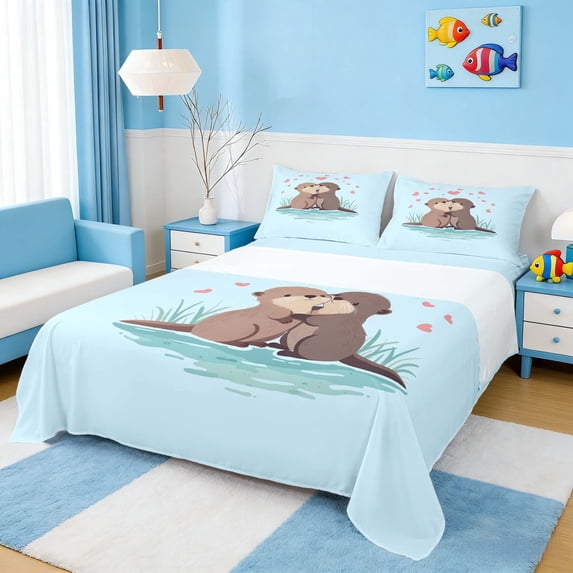 Manfei Cartoon Otter Couple Love Heart Full Size Sheets for Kids Boys and Girls, Animal Print Bed Sheets 4pcs, 1 Flat Sheet, 1 Fitted Sheet and 2 Pillowcases