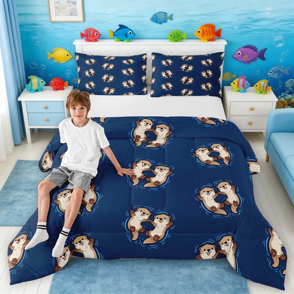 Manfei Cartoon Otter Full Size Comforter Sets for Kids Boys and Girls, Navy Brown Animal Print Bedding Sets, Navy Reversible 3 Pieces, 1 Comforter and 2 Pillowcases
