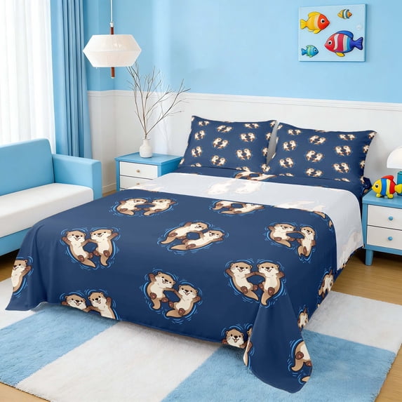 Manfei Cartoon Otter Full Size Sheets for Kids Boys and Girls, Navy Brown Animal Print Bed Sheets 4 Pieces, 1 Flat Sheet, 1 Fitted Sheet and 2 Pillowcases