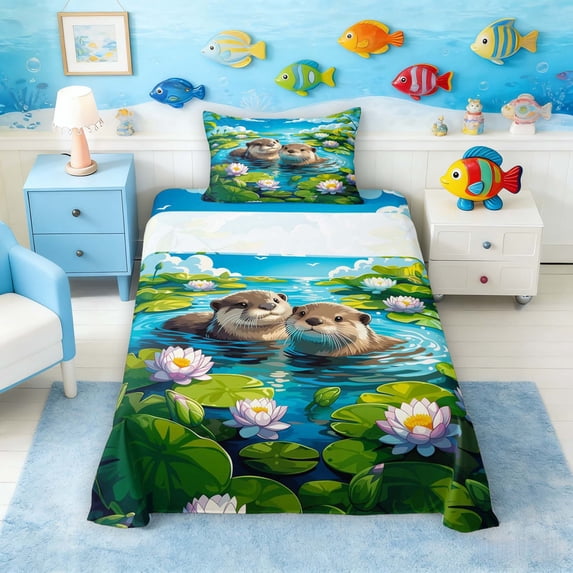 Manfei Cartoon Otter Lily Pond Twin Sheet Sets for Kids Boys and Girls, Animal Print Bedding 3 Pieces, 1 Flat Sheet, 1 Fitted Sheet and 1 Pillowcase