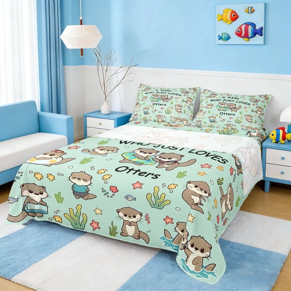 Manfei Cartoon Otter Queen Sheet Sets for Kids Boys and Girls, A GIRL WHO JUST LOVES Otters Print Bed Set 4-Piece, 1 Flat Sheet, 1 Fitted Sheet and 2 Pillowcases