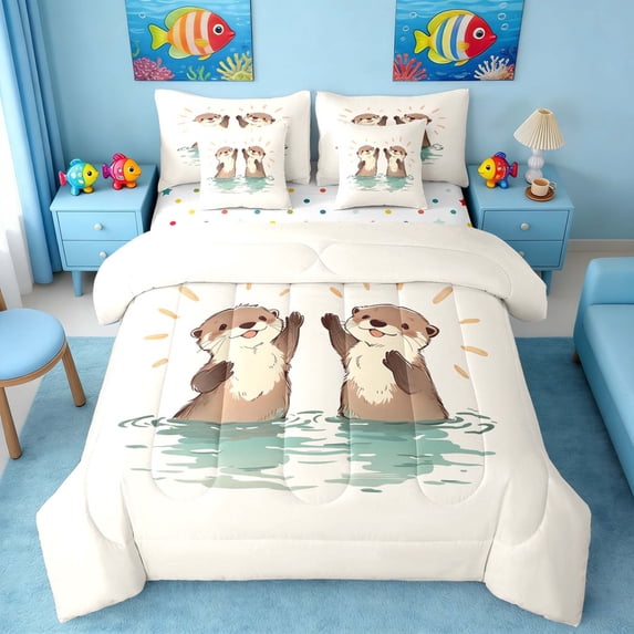 Manfei Cartoon Otter Twin Bedding Sets for Kids Boys and Girls, Kawaii Animal Print Bedding Comforter Set, Polka Dots Reversible 7 Pieces
