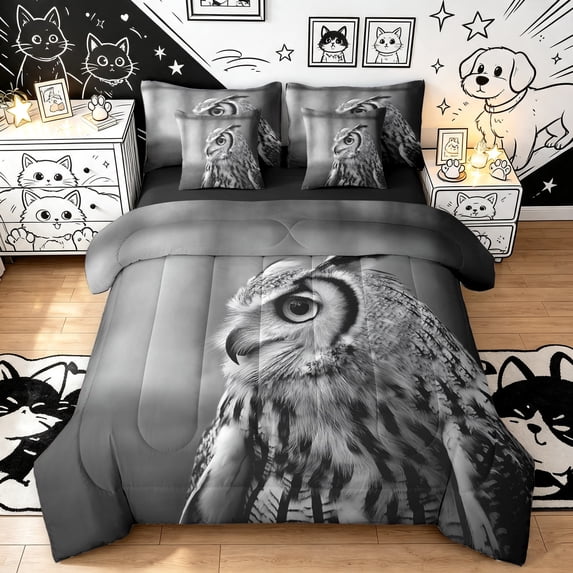 Manfei Cartoon Owl Full Size Bedding Sets, Jungle Animal Full Size Bed in a Bag, Black Gray, Black Reversible, 7pcs