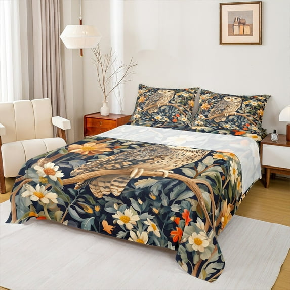 Manfei Cartoon Owl Queen Sheet Sets, Retro Tropical Blossom Flat Sheet, Wild Bird Queen Fitted Sheet, Microfiber Bedroom Decor 4-Piece