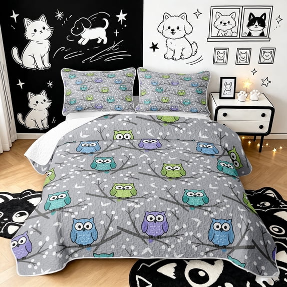 Manfei Cartoon Owl Quilt King, Tree Branch King Coverlet Set, Gray, 3 Pieces, 1 Bedspread and 2 Pillowcases
