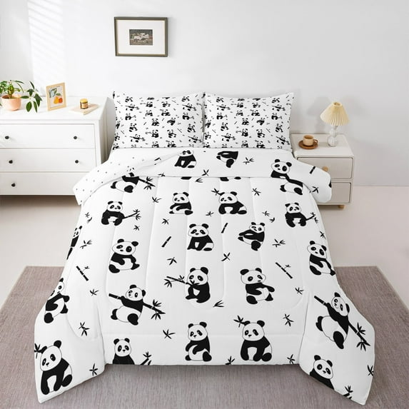 Manfei Cartoon Panda 3pcs King Size Comforter Sets,Black White Bedding Comforter Set,Botanical Plants Super Cozy Bedding Set,Ultra Soft Animal Home Decor,Reversible