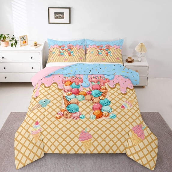 Manfei Cartoon Pattern Queen Comforter Set,Cute Ice Cream Comforter Sets Queen,Yellow,Pink Reversible,3-Piece,1 Comforter and 2 Pillowcases