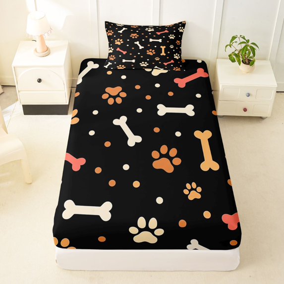 Manfei Cartoon Paw Twin Fitted Sheet, Cute Dog Bone Bedding, Black Orange, 2-Piece, 1 Fitted Sheet and 1 Pillowcase