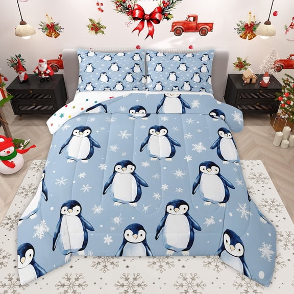Manfei Cartoon Penguin 2pcs Bedding Comforter Set for Kids Teens,Happy Winter Snowflake Twin Comforter Sets,Merry Christmas Breathable Bedding Set,Breathable Home Decor,Reversible