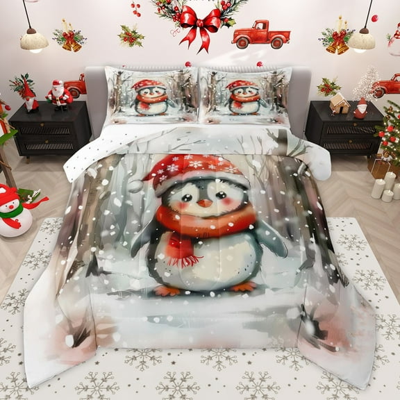 Manfei Cartoon Penguin 2pcs Bedding Comforter Set for Kids Teens,Winter Snowflake Twin Comforter Sets,Merry Christmas Breathable Bedding Set,Breathable Home Decor,Reversible