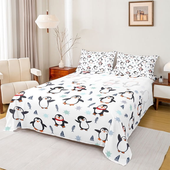 Manfei Cartoon Penguin 4-Piece Full Size Sheets for Kids Teens,Winter Snowflake Bed Sheets,Merry Christmas Lightweight Sheet Sets,Breathable Home Decor