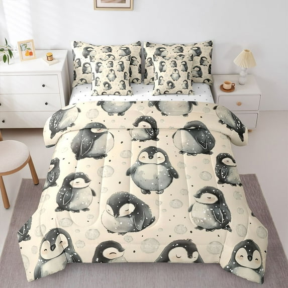 Manfei Cartoon Penguin 7-Piece Bedding Comforter Set for Kids Teens,Cute Animal King Bedding Sets,Merry Winter Christmas Ultra Soft Bed Sheets,Breathable Home Decor,Reversible