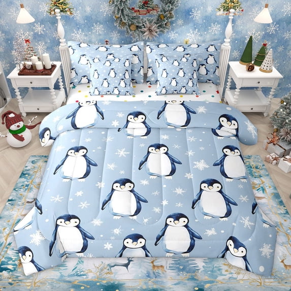 Manfei Cartoon Penguin 7-Piece Twin Bedding Sets for Kids Teens,Happy Winter Snowflake Bedding Comforter Set,Merry Christmas Breathable Sheet Sets,Breathable Home Decor,Reversible