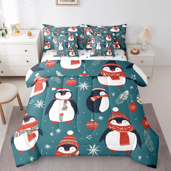 Manfei Cartoon Penguin 7pcs Bedding Comforter Set,Happy New Year Queen Bedding Sets,Cyan White Red Queen Sheet Sets For Boys Girls,Luxury Bedroom Decor Reversible