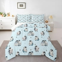 Manfei Cartoon Penguin Child Bedding Comforter Set, Cute Stars Print Twin Comforter Sets, Kawaii Antarctic Animal Reversible Bedding Set, Microfiber Bedroom Decor, 2-Piece