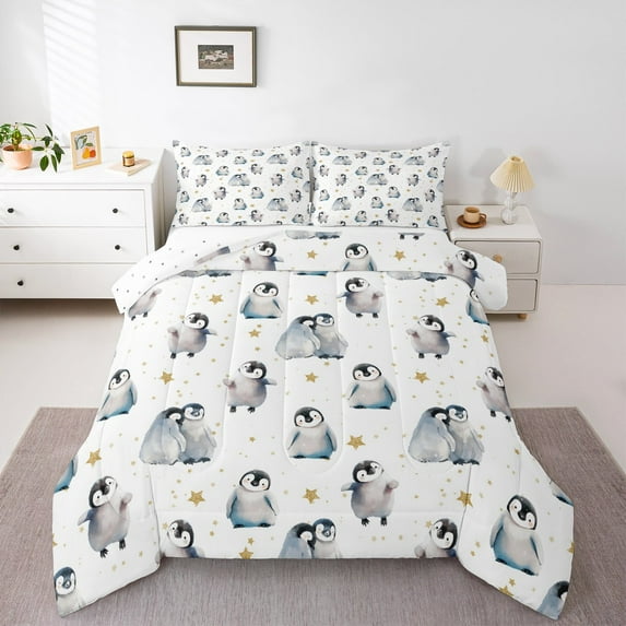 Manfei Cartoon Penguin Child Bedding Comforter Set, Gold Stars Print Twin Comforter Sets, Kawaii Antarctic Animal Reversible Bedding Set, Super Cozy Room Decor, 2pcs