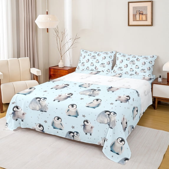 Manfei Cartoon Penguin Child Queen Sheet Sets, Cute Stars Print Flat Sheet, Kawaii Antarctic Animal Queen Fitted Sheet, Microfiber Bedroom Decor, 4-Piece