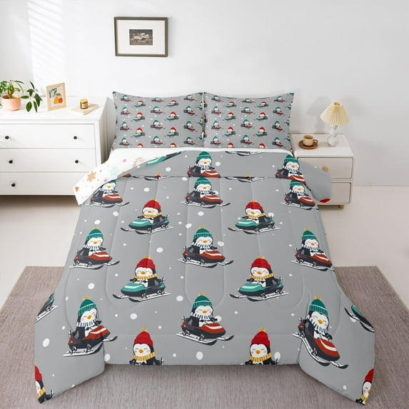 Manfei Cartoon Penguin Full Size Comforter Sets,Christmas Snowmobile Bedding Comforter Set,Happy New Year Bedding Sets For Child,Super Cozy Room Decor Reversible,3 Pieces