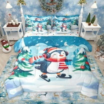 Manfei Cartoon Penguin Skating 7-Piece Twin Bedding Sets for Kids Teens,Xmas Tree Bedding Comforter Set,Merry Christmas Breathable Sheet Sets,Breathable Home Decor,Reversible