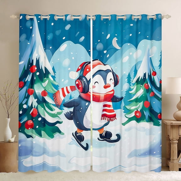 Manfei Cartoon Penguin Skating Black Out Curtains for Kids Teens,Xmas Tree Curtains Pack of 2 (42x63 Each),Merry Christmas Bedroom Curtains,Breathable Home Decor