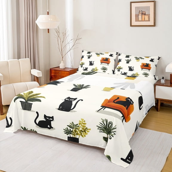 Manfei Cartoon Pet Cat Full Size Sheets,Kawaii Kitten Bed Sheets,Black Beige Green Sheet Sets For Girl Boys,Ultra Soft Room Decor,4pcs