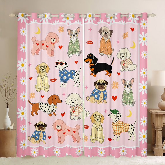 Manfei Cartoon Pet Collage Blackout Curtains Set of 2 (38x54 Each), Cute Love Heart Living Room Curtains, Pink