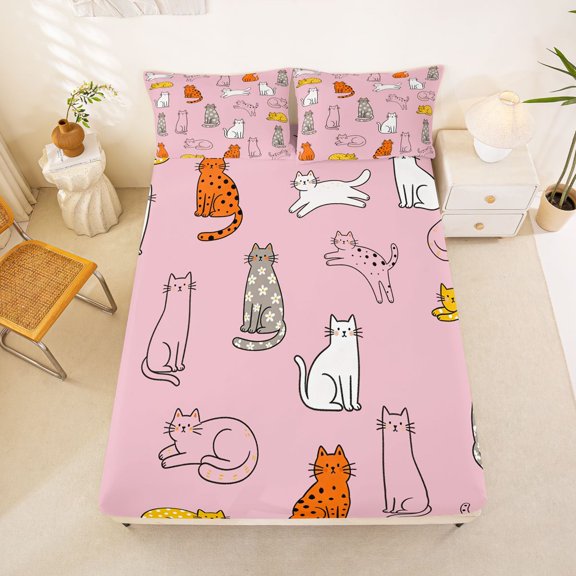 Manfei Cartoon Pet Fitted Sheet Full, Polkadot Kitten Bed Set, Pink, 3pcs, 1 Fitted Sheet and 2 Pillowcases
