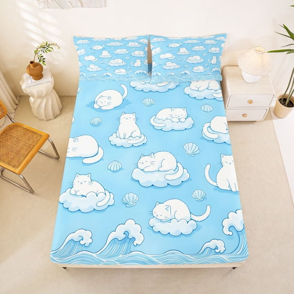 Manfei Cartoon Pet Fitted Sheet Queen, Cute Ocean Wave Bedding, Blue White, 3pcs, 1 Fitted Sheet and 2 Pillowcases