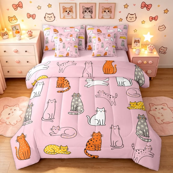 Manfei Cartoon Pet Twin Bedding, Polkadot Kitten Bedding Comforter Set, Pink, Pink Reversible, 7pcs