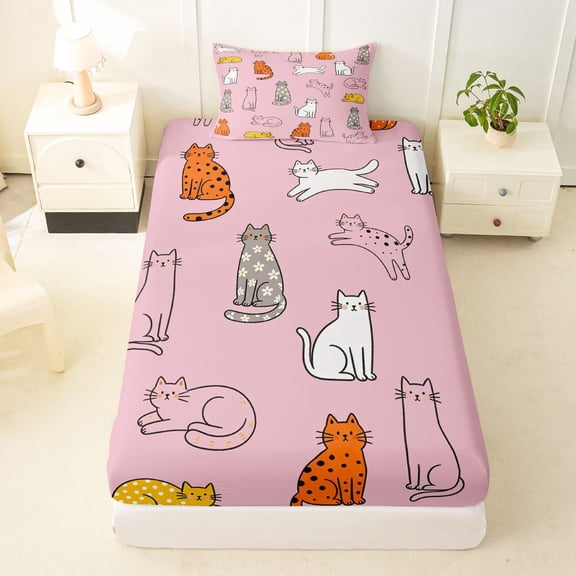Manfei Cartoon Pet Twin Fitted Sheet, Polkadot Kitten Bedding, Pink, 2pcs, 1 Fitted Sheet and 1 Pillowcase