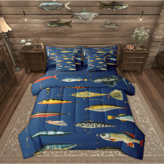 Manfei Cartoon Pike Fish Bedding Comforter Set 7pcs for Child, Hunting and Fishing King Bedding Sets, Fishhook Reversible Bed Sheets, Lightweight Room Decor