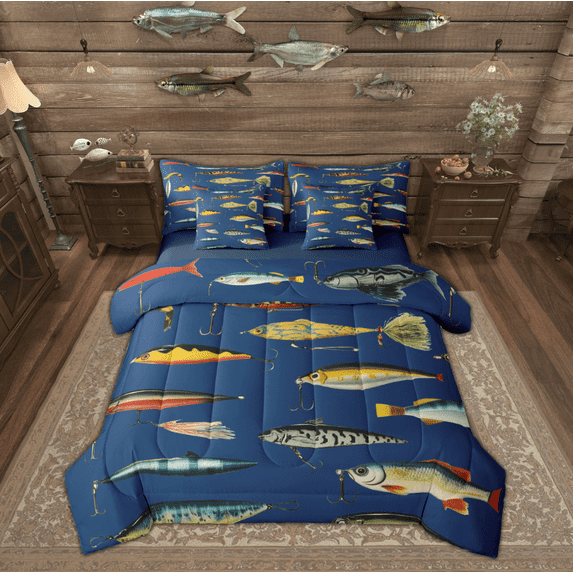 Manfei Cartoon Pike Fish Bedding Comforter Set 7pcs for Child, Hunting and Fishing Queen Bedding Sets, Fishhook Reversible Queen Sheet Sets, Lightweight Room Decor