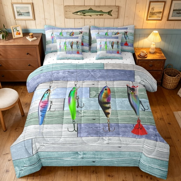 Manfei Cartoon Pike Fish Full Size Bedding Sets, Wooden Lake House Full Size Bed in a Bag, Teal Gray, Reversible, 7 Pieces