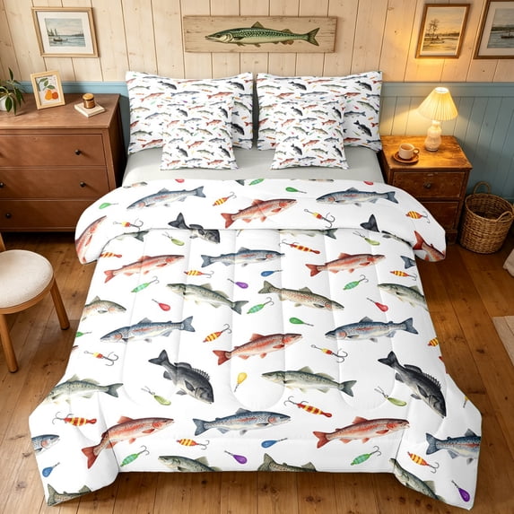 Manfei Cartoon Pike Fish King Bedding, Rustic Fishing Lover King Bed in a Bag, White, Gray Reversible, 7 Pieces