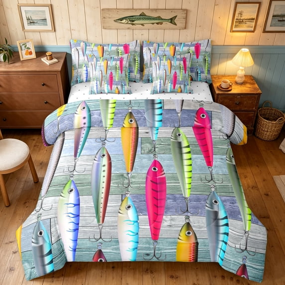 Manfei Cartoon Pike Fish Twin Bedding, Farmhouse Fishing Lover Bedding Comforter Set, Teal Gray, Reversible, 7-Piece